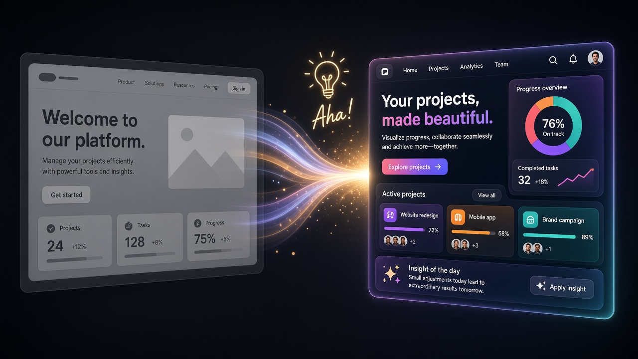 Before and after website transformation with an aha moment