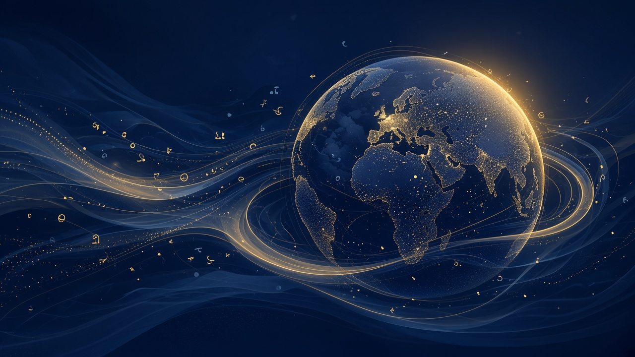 Globe with light trails suggesting many languages