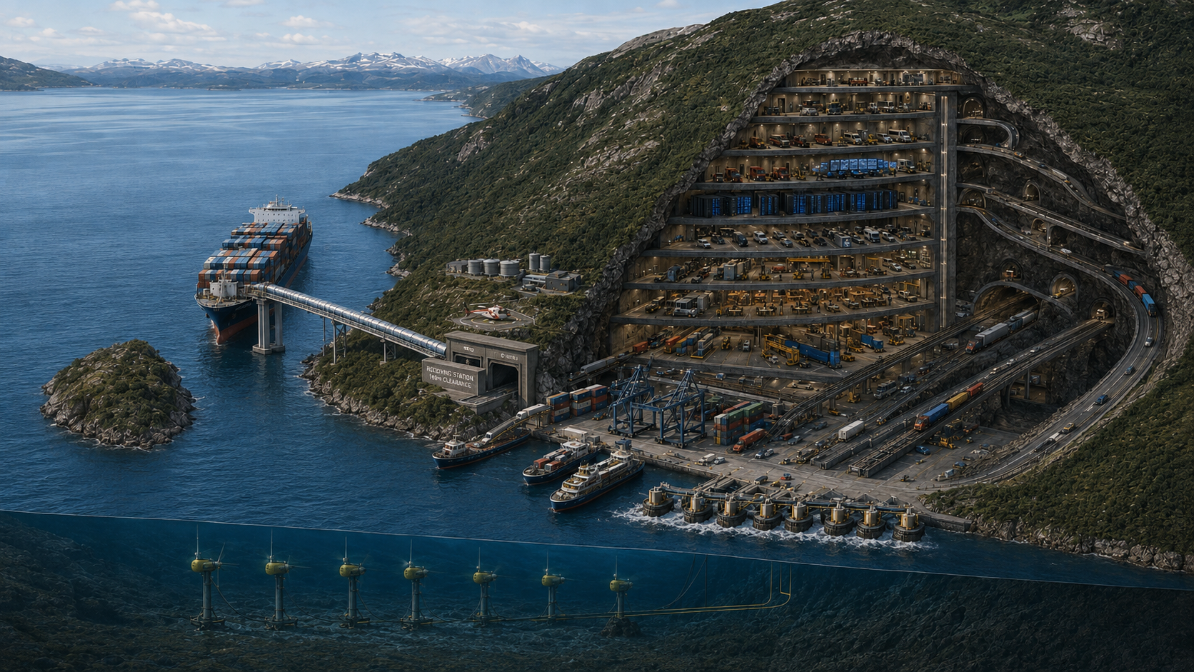 Concept visualization of a deep-water quay and mountain facility at Nordkjosnes